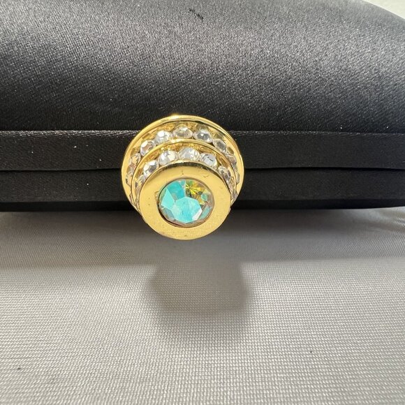 Rhinestone Clasp Classic Preppy Black Satin Clutch Purse Gold X Body Chain Strap - Picture 7 of 12